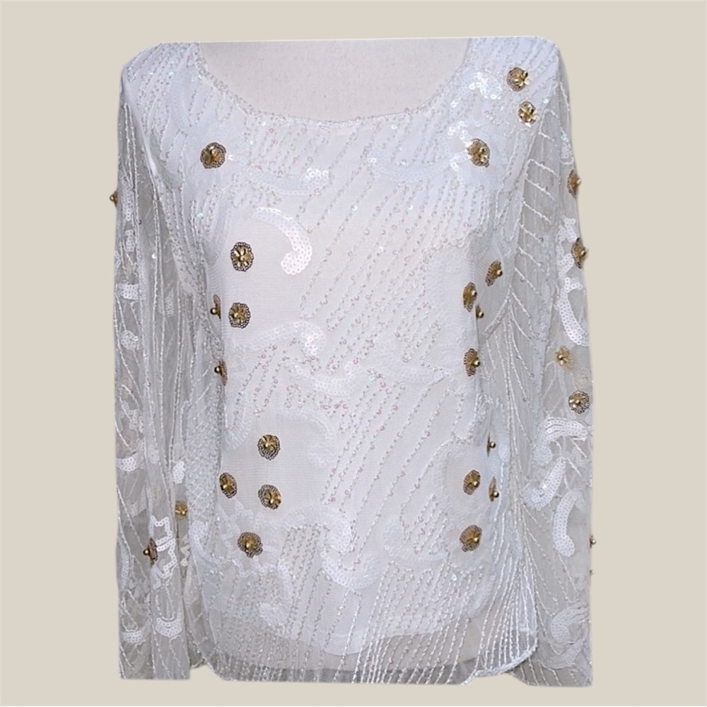 Juliette White & Gold Bead & Sequin Sheer Top Special Occasion Fairycore Elegant